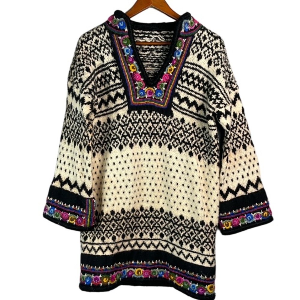 Hand Crafted Cream and Black Embroidered V-Neck Sweater